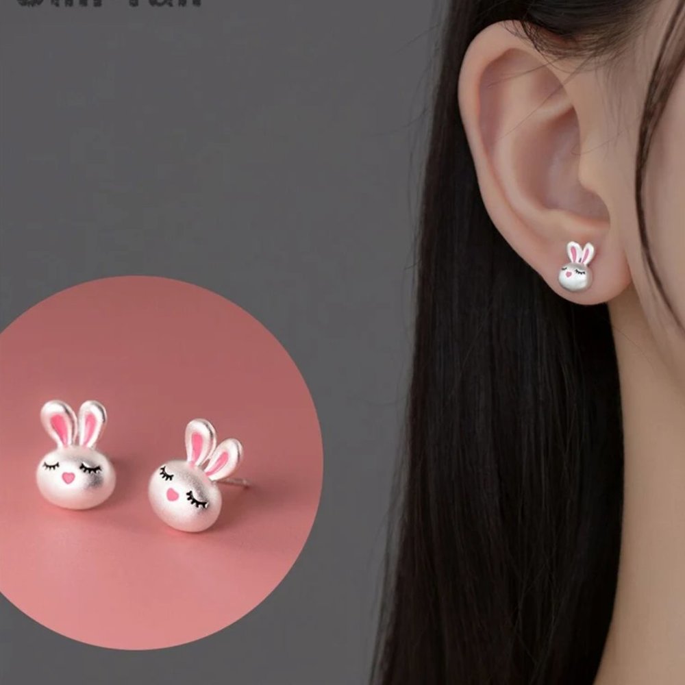 Anthro Cute Sleeping Rabbit With Eyelashes In 3D Pin Micro Earrings
